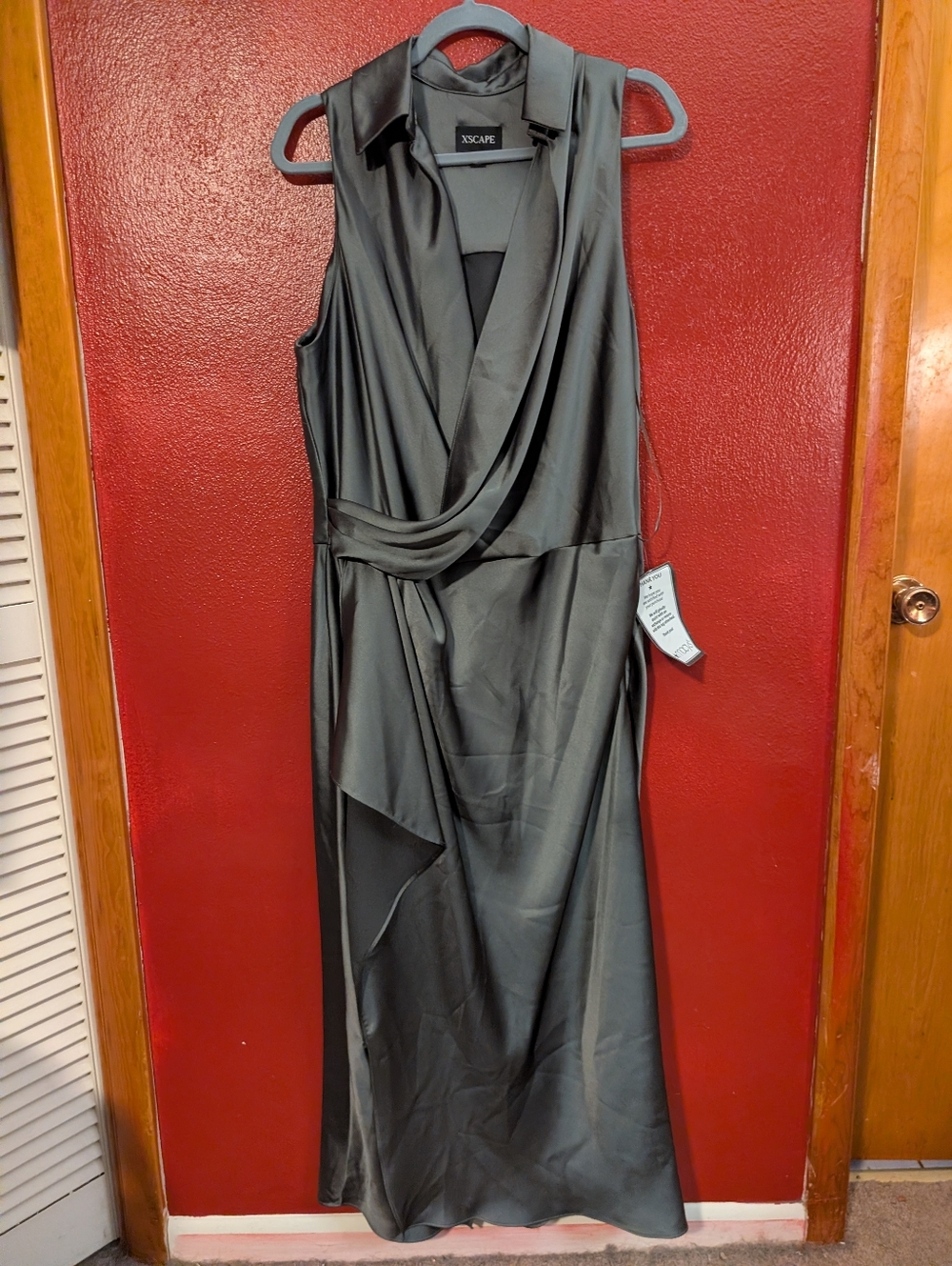 Xscape Satin-Look Sleeveless Wrap Maxi Dress in Olive